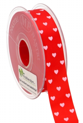 Satijn Enkel Witte Hartjes & Rood Lint 25mm x 45meter