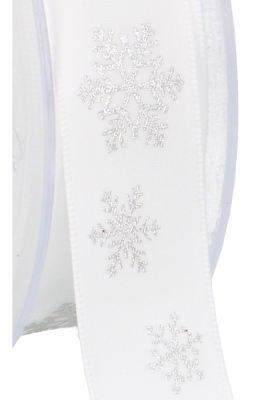 Kerstlint Satijn Lint snowflakes Wit & Zilver 23mm x 25meter