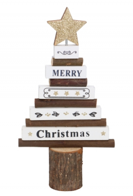 Kerstdecoratie Hout Merry Christmas Tree 12.5x5x23cm