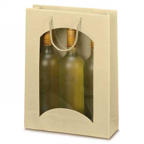 Wijntasje Met Venster 3fl Geribbeld Creme 25x8.5x36cm 20stuks